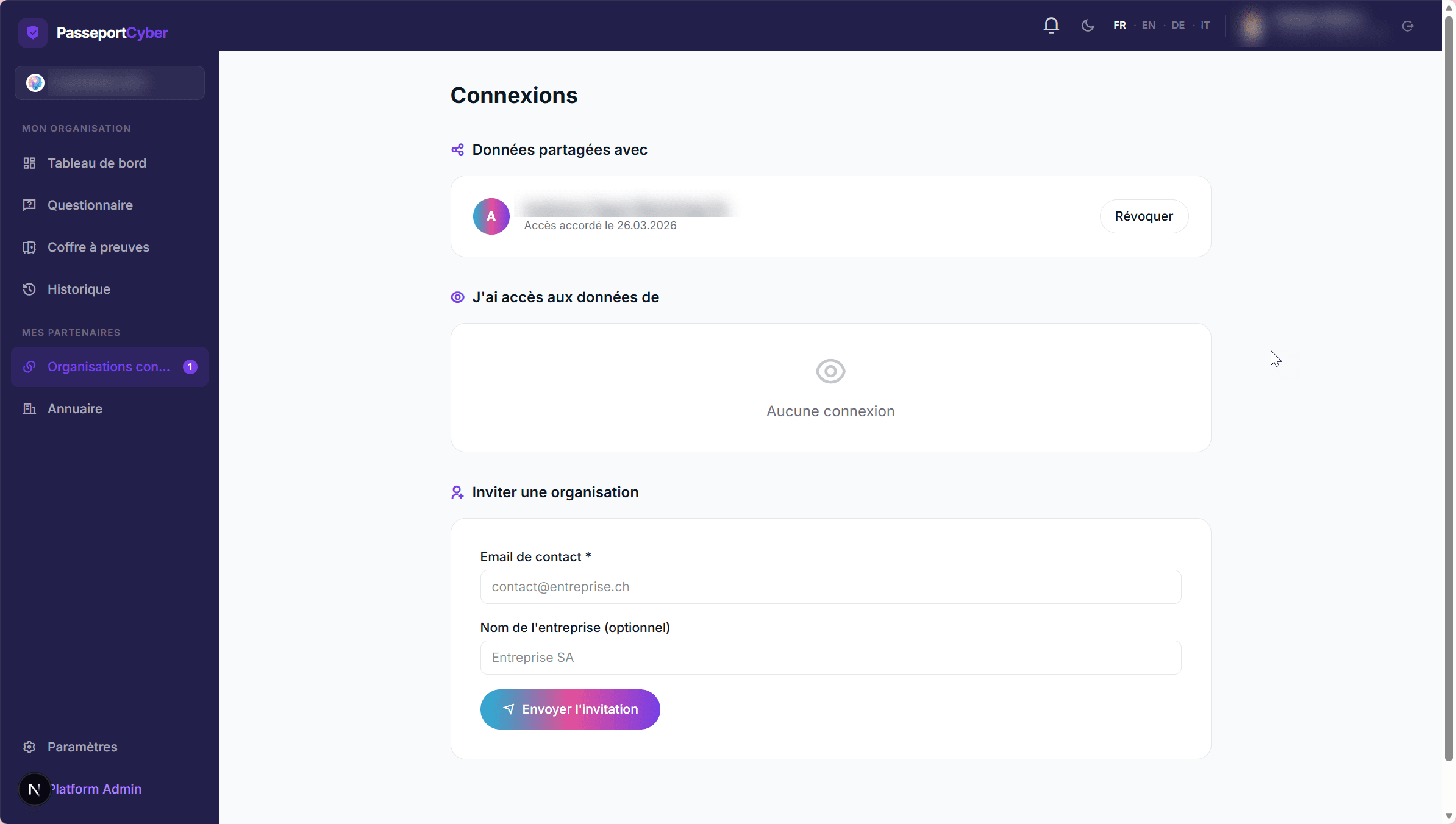 Page Connexions CyberPassport : partage en lecture seule avec révocation
